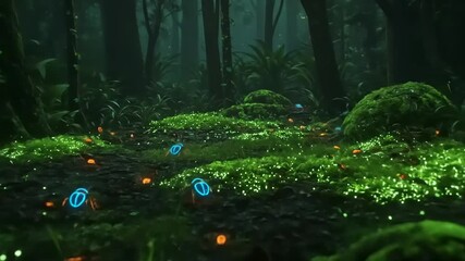 Lush forest floor illuminated by bioluminescent plants and glowing orbs amidst dense greenery - Powered by Adobe