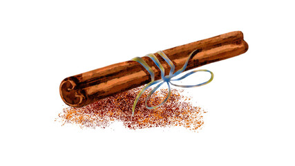 Hand drawn cinnamon spice with ribbon. Watercolor cinnamon stick and ground spice. Illustration of a cinnamon stick tied with a ribbon and cinnamon powder on white background