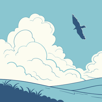 Bird flying over rolling hills and clouds silhouette