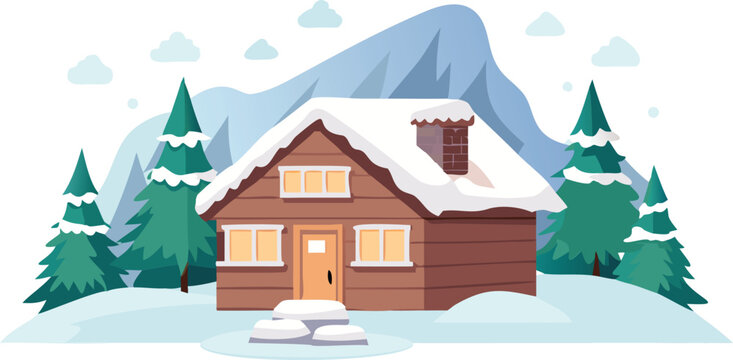A charming winter house amidst snow and trees, displayed on a white background, illustrating a peaceful winter landscape.