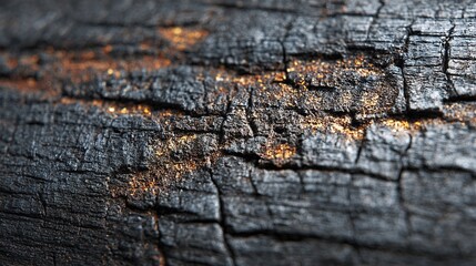 Close-up of charred wood, dark gray with golden flecks and cracks