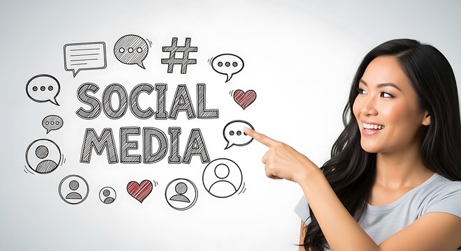 Smiling Woman Pointing at Social Media Doodles on White Background