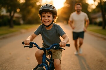 Naklejka premium First bicycle victory for young boy on golden hour neighborhood lane with cheering parent heartwarming candid lifestyle photo of childhood confidence