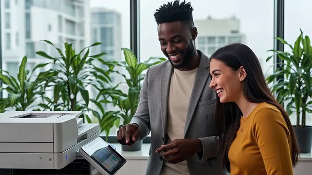 Happy diverse colleagues collaborating at a printer in a modern office
