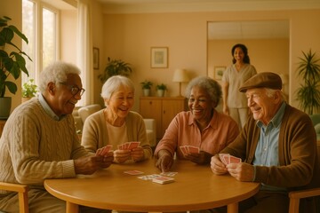 Joyful seniors gathered around a bright care home table playing cards and sharing laughter warm afternoon light aging with dignity and connection