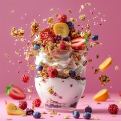 Obraz premium Animated Granola Yogurt Fruits Pink Background Healthy Breakfast