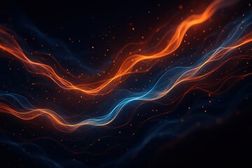 Fototapeta premium Luminous energy currents weaving across deep midnight gradient background flowing neon ribbons and sparks for dynamic abstract design