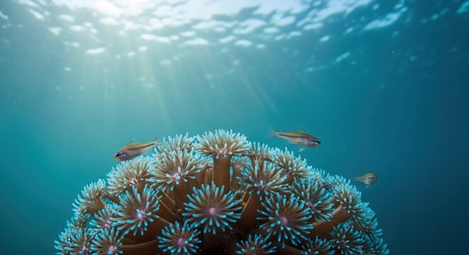Underwater scene featuring coral with blue tips and small fish swimming around in a clear ocean water