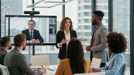 Diverse business team in a hybrid meeting with female manager presenting to remote CEO or colleague on a video call - Powered by Adobe
