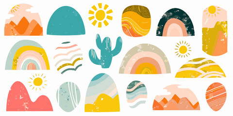 Abstract boho desert landscape elements with sun rainbows cactus and mountains