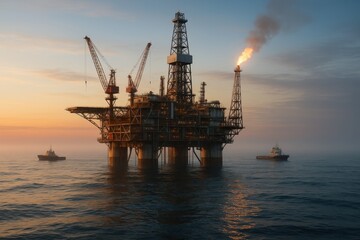 Obraz premium Majestic offshore oil platform and support vessels at dawn cranes and helipad rising above calm sea horizon detailed industrial engineering scene