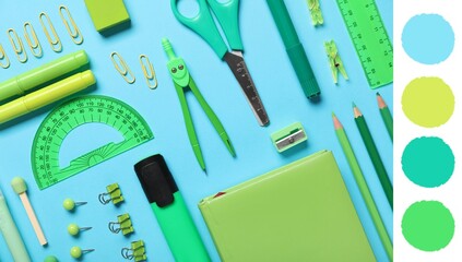 Many school supplies on blue background. Different color patterns