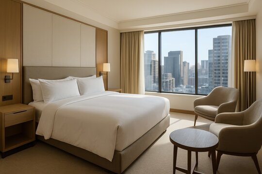 Luxury hotel suite with modern decor comfy king bed lounge seating floor to ceiling window city view abundant natural light welcoming stay