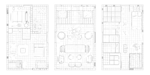 Architectural floor plan drawings showing interior layouts of three modern apartments with furniture and room divisions
