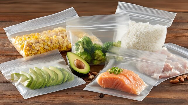 Variety of fresh foods like avocado, corn, rice, broccoli, salmon, and meat are individually packaged in clear plastic zipper bags.