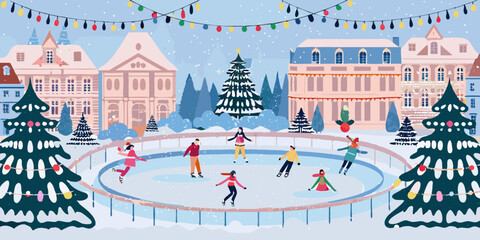 Charming winter ice skating rink scene with people enjoying the holidays in a snowy european town square