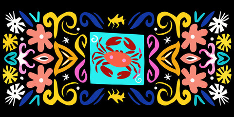 Vibrant abstract border design with a central crab motif and colorful floral elements