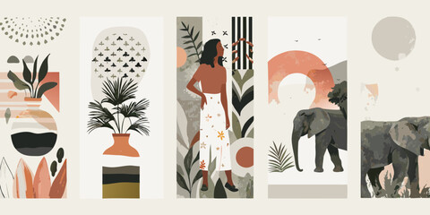 Bohemian abstract art collage featuring plants woman and elephants in earthy tones