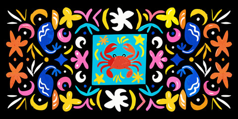 Vibrant and playful abstract border design featuring a central red crab surrounded by colorful shapes and stars on a black background