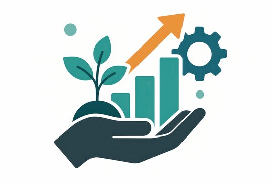 Innovative representation of growth and sustainability illustrated through a hand supporting plants integrated with graphical elements symbolizing economic advancement and technology innovation