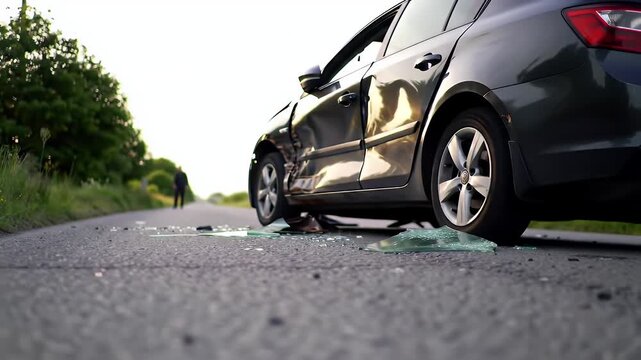 Damaged Green Car with Shattered Windshield Glass on Asphalt Road at Sunset