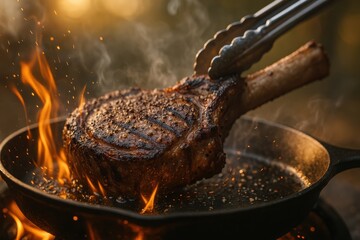 Searing tomahawk steak over hardwood flames with glowing embers backyard summer barbecue smoke swirls and cast iron skillet close up ultra realistic