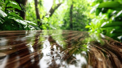 Wet Wooden Table Top In Lush Tropical Forest Background