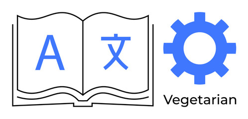 Open book with English and Chinese characters, gear icon labeled Vegetarian. Ideal for education, linguistics, technology, machine learning, food labels, globalization, simple flat metaphor