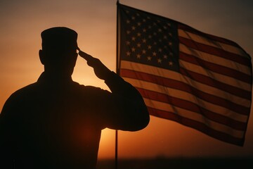 Solemn Veterans Day tribute with silhouette of saluting soldier and flowing American flag at golden hour with soft bokeh and respectful negative space