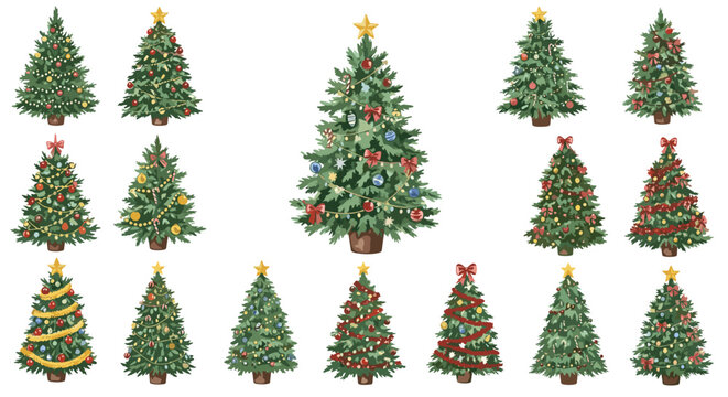 Collection of fifteen decorated christmas trees with stars and ornaments