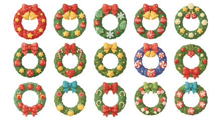 Assortment of festive christmas wreaths decorated with bows and ornaments