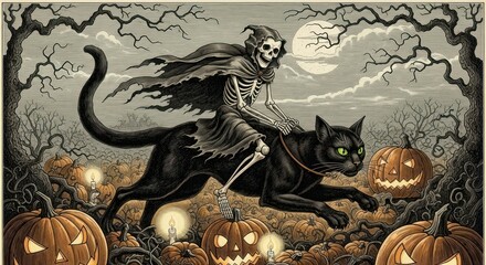 A halloween scene with a skeleton riding a black cat through a pumpkin patch under a full moon night sky