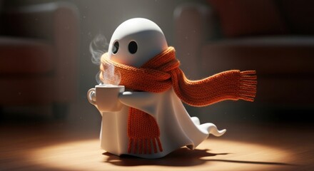 A cartoon ghost wearing an orange scarf and holding a steaming cup of coffee on a wooden surface