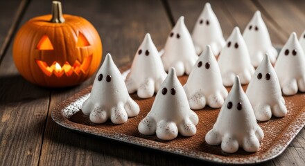 Halloween scene featuring a carved pumpkin and tray of ghost shaped meringue cookies on a wooden surface