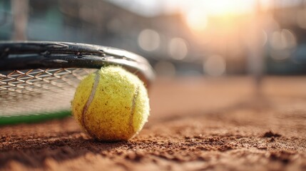 Tennis Ball And Racket On Clay Court