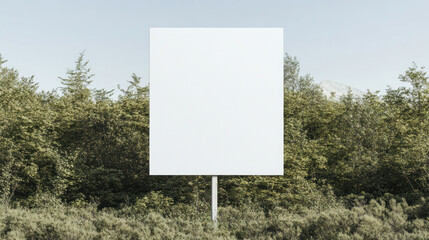 A large blank white square sign mounted on a slender post stands alone in a sunlit meadow, surrounded by bushes and trees under a clear blue sky.