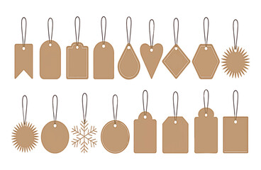 Set of various blank cardboard gift tags and labels with string for price or decoration isolated on white background