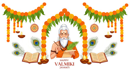 Valmiki Jayanti celebration with deity, scriptures and decorations