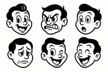 Vintage black and white cartoon mascot faces collection with expressive 1950s animation style isolated on clean background for stickers logos and posters