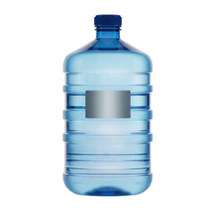 Large blue plastic water cooler bottle with a white label isolated on transparent background