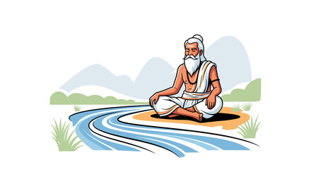 Indian Sage Meditating by a Holy River, Vector Illustration