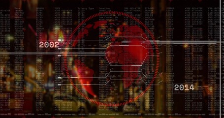 Red digital globe rotating in HUD interface, with hexagonal panels error codes 2002-2014 markers