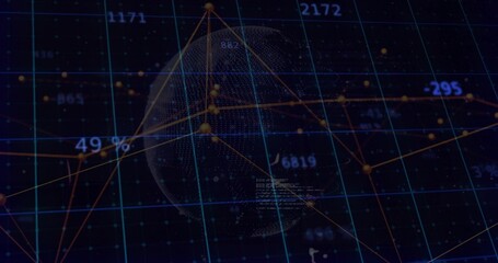 Displaying dotted 3D globe rotating in dashboard, with network lines, grid and floating data labels