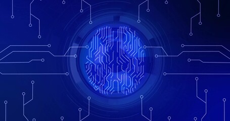 Radiating central circuit globe sending white traces in abstract digital space, connecting nodes