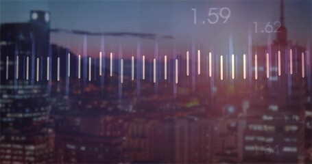 Displaying vertical data bar graph overlay over downtown skyline at dusk, with numeric labels