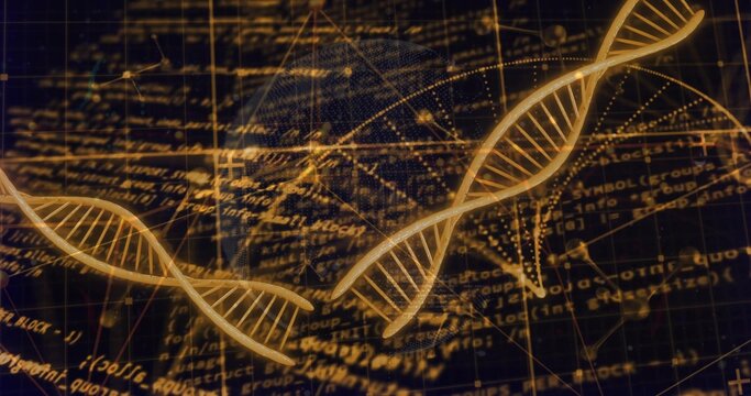 Floating golden double helix strands navigating in online grid, with code, network nodes and globe