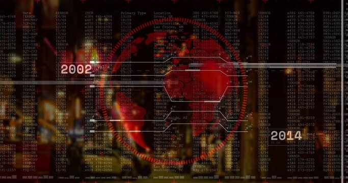 Red digital globe rotating in HUD interface, with hexagonal panels error codes 2002-2014 markers