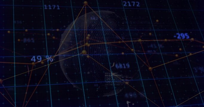 Displaying dotted 3D globe rotating in dashboard, with network lines, grid and floating data labels - Powered by Adobe