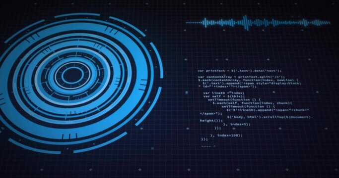 Displaying HUD graphic rotating over dark grid, JavaScript code snippet, waveform, copy space