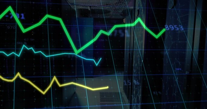 Showing 3 line graphs sweeping across data center with racks, cables, vents, digital grid overlay
